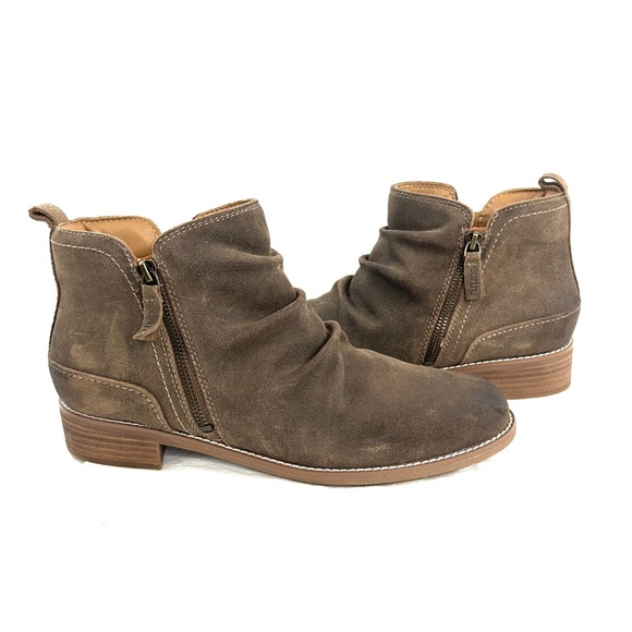 Earth Etnadya Women Size 11 Brown Suede Ankle Boot Ruched Double Zip Heel Pull - Picture 5 of 9